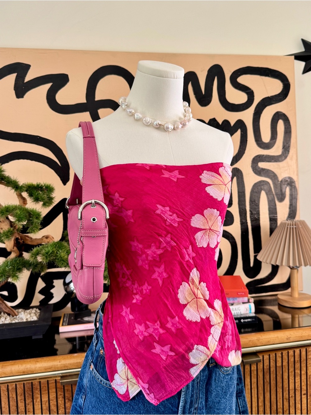 Vintage Y2K Pink Hibiscus Scarf Top Strapless Bandana Top OS